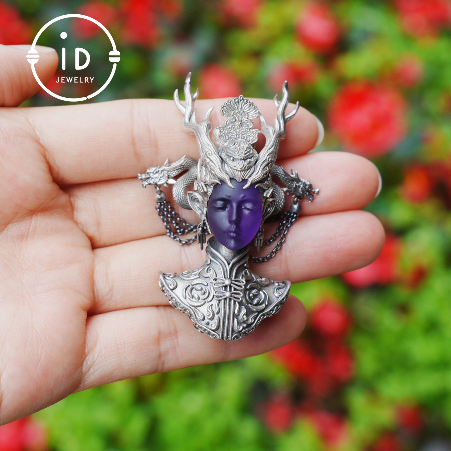 925 Sterling Silver Amethyst Pendant in Symbolic Totem Design, Handmade Gothic Oriental Jewelry, Meaningful Gift Necklace for Her