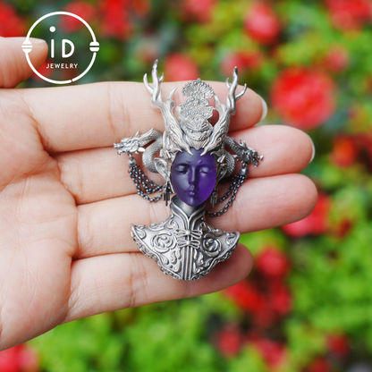 925 Sterling Silver Amethyst Pendant in Symbolic Totem Design, Handmade Gothic Oriental Jewelry, Meaningful Gift Necklace for Her
