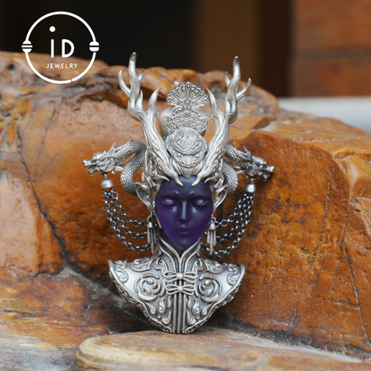 925 Sterling Silver Amethyst Pendant in Symbolic Totem Design, Handmade Gothic Oriental Jewelry, Meaningful Gift Necklace for Her