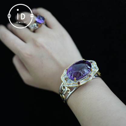 Luxury Amethyst Bracelet| Handmade| Royal Vintage Jewelry| Statement Bangle| Elegant Gift for Women