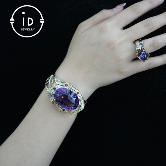 Luxury Amethyst Bracelet| Handmade| Royal Vintage Jewelry| Statement Bangle| Elegant Gift for Women