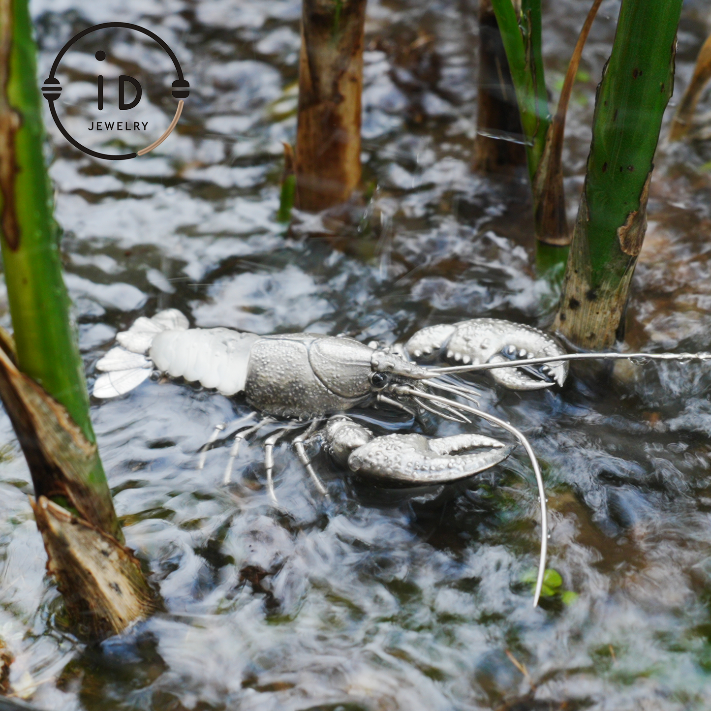 Silver Lobster Pendant with White Quartz, Vintage Totem Necklace in Oxidized 925 Silver, Statement Animal Jewelry Gift for Her or Him