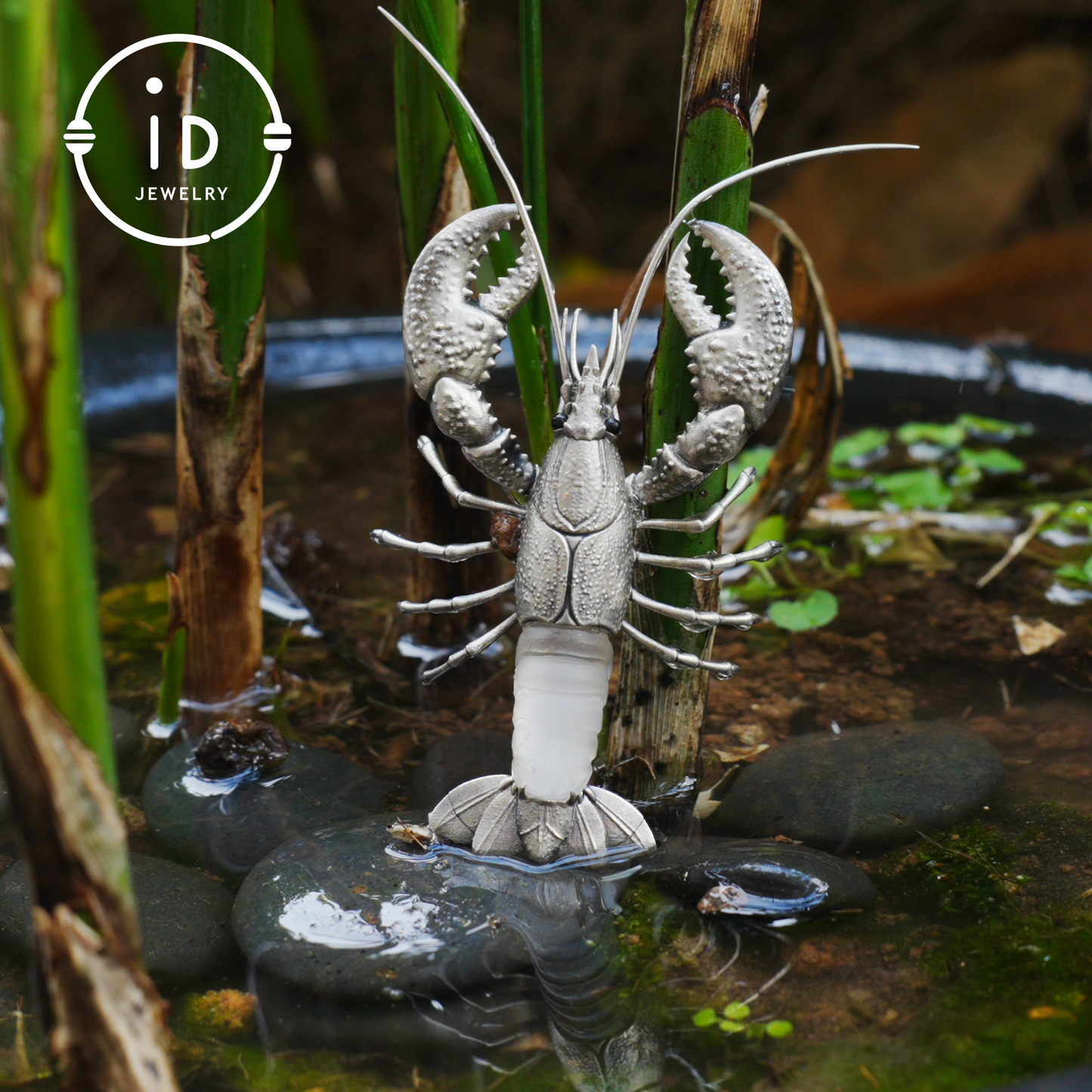 Silver Lobster Pendant with White Quartz, Vintage Totem Necklace in Oxidized 925 Silver, Statement Animal Jewelry Gift for Her or Him