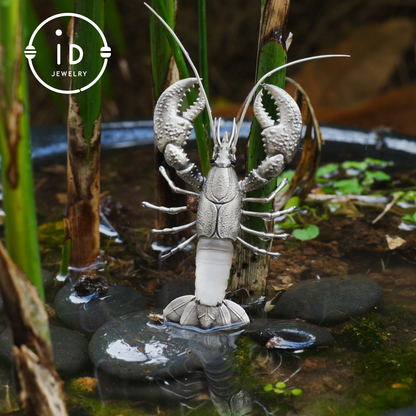 Silver Lobster Pendant with White Quartz, Vintage Totem Necklace in Oxidized 925 Silver, Statement Animal Jewelry Gift for Her or Him