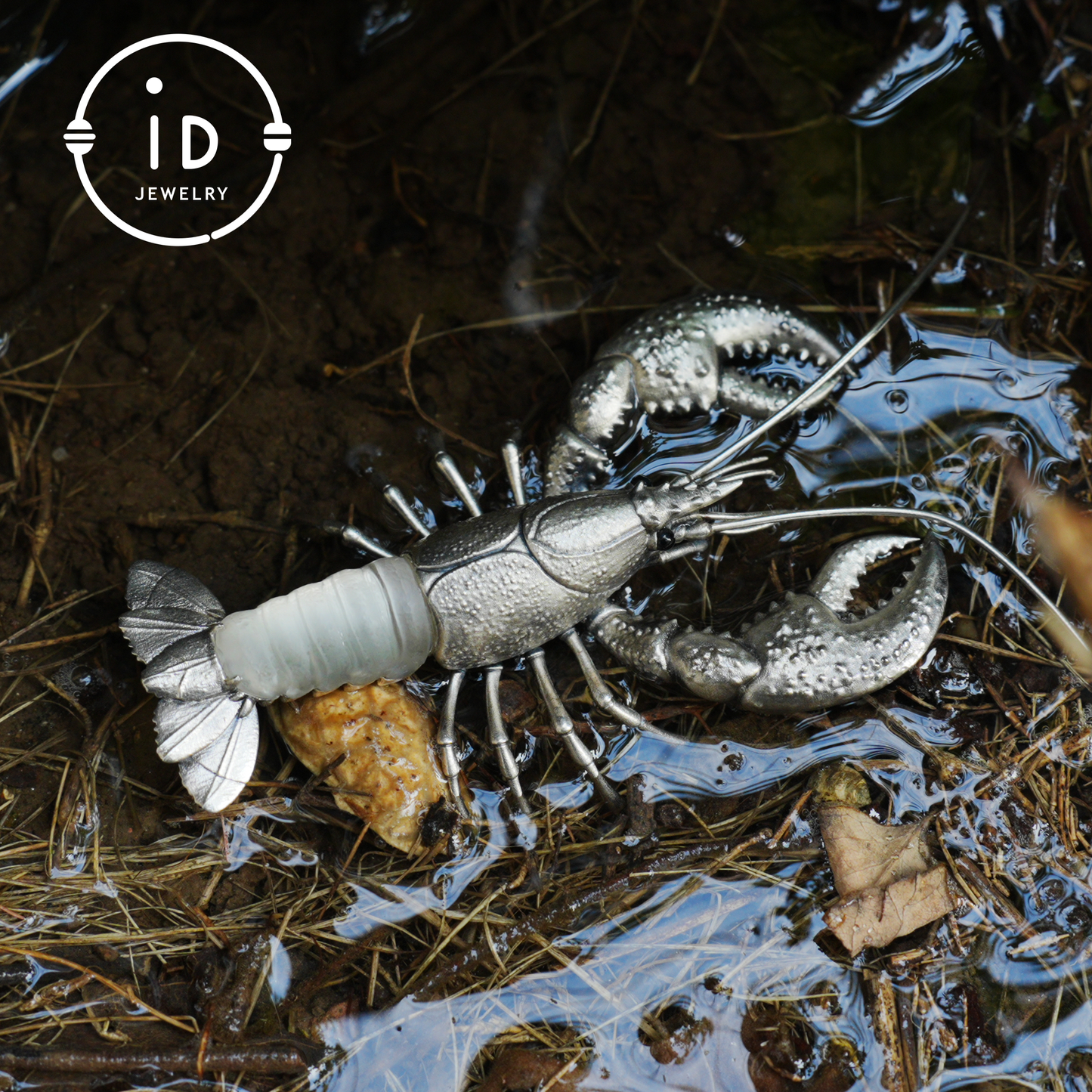 Silver Lobster Pendant with White Quartz, Vintage Totem Necklace in Oxidized 925 Silver, Statement Animal Jewelry Gift for Her or Him