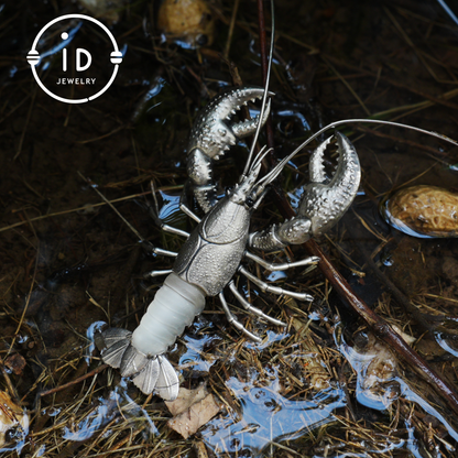 Silver Lobster Pendant with White Quartz, Vintage Totem Necklace in Oxidized 925 Silver, Statement Animal Jewelry Gift for Her or Him