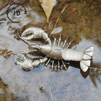 Silver Lobster Pendant with White Quartz, Vintage Totem Necklace in Oxidized 925 Silver, Statement Animal Jewelry Gift for Her or Him