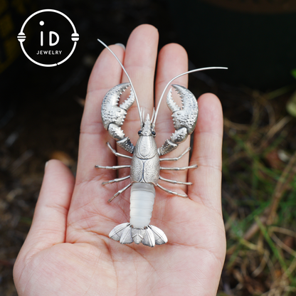 Silver Lobster Pendant with White Quartz, Vintage Totem Necklace in Oxidized 925 Silver, Statement Animal Jewelry Gift for Her or Him