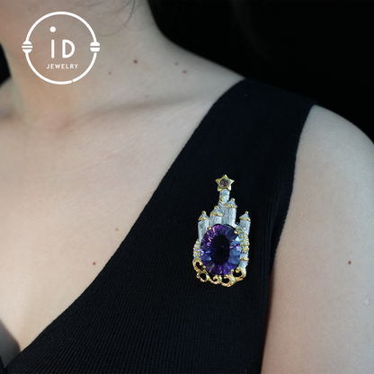 Fairy Tale Amethyst Brooch| Vintage Castle Pendant| Handmade Gemstone Jewelry| Gold-Plated Statement Brooch| Royal Jewelry Gift for Women