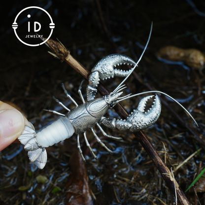 Silver Lobster Pendant with White Quartz, Vintage Totem Necklace in Oxidized 925 Silver, Statement Animal Jewelry Gift for Her or Him