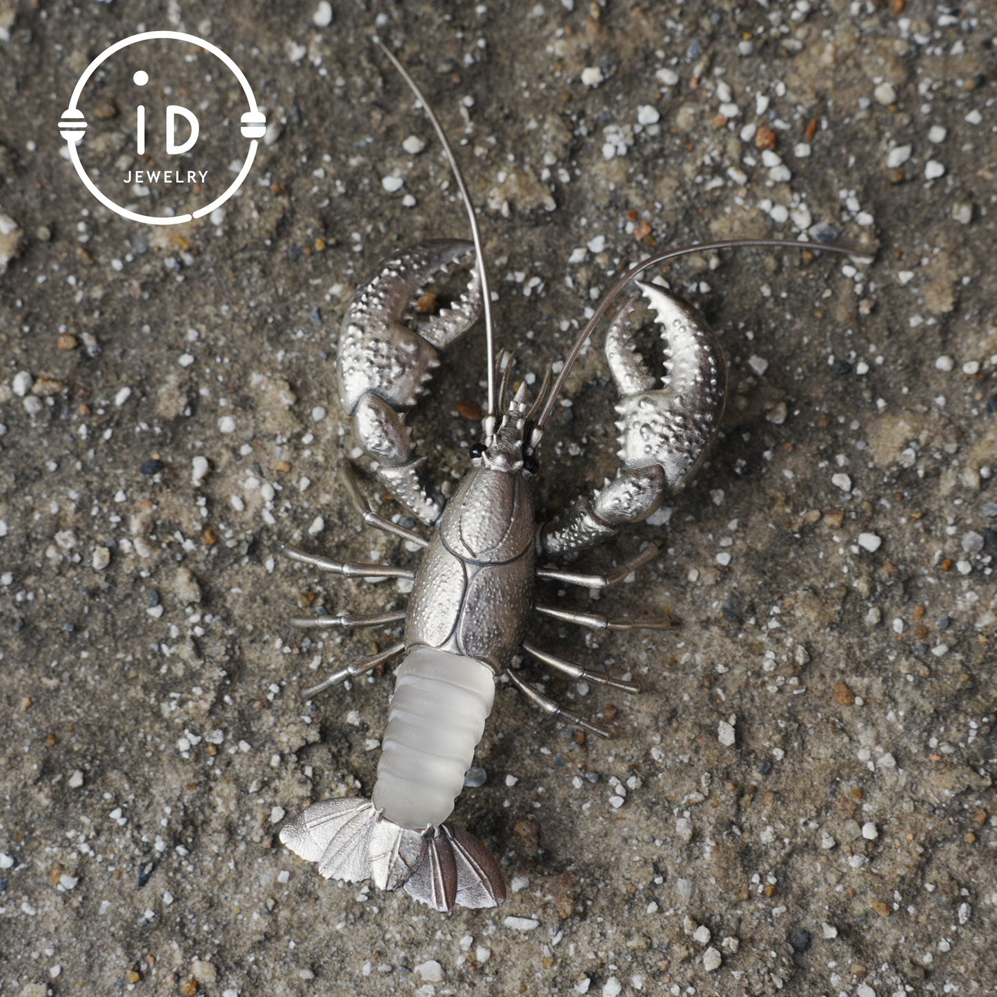Silver Lobster Pendant with White Quartz, Vintage Totem Necklace in Oxidized 925 Silver, Statement Animal Jewelry Gift for Her or Him