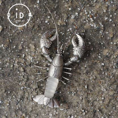 Silver Lobster Pendant with White Quartz, Vintage Totem Necklace in Oxidized 925 Silver, Statement Animal Jewelry Gift for Her or Him