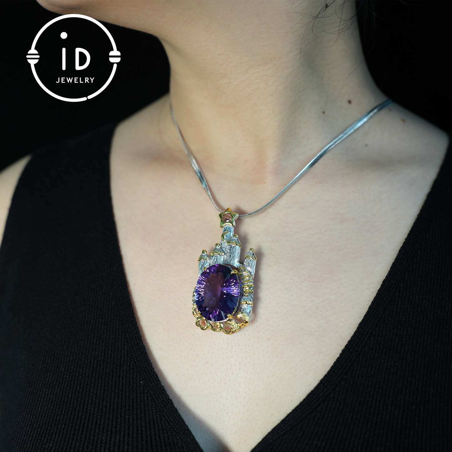 Fairy Tale Amethyst Brooch| Vintage Castle Pendant| Handmade Gemstone Jewelry| Gold-Plated Statement Brooch| Royal Jewelry Gift for Women