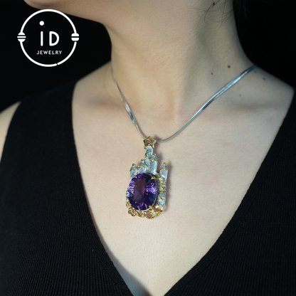 Fairy Tale Amethyst Brooch| Vintage Castle Pendant| Handmade Gemstone Jewelry| Gold-Plated Statement Brooch| Royal Jewelry Gift for Women