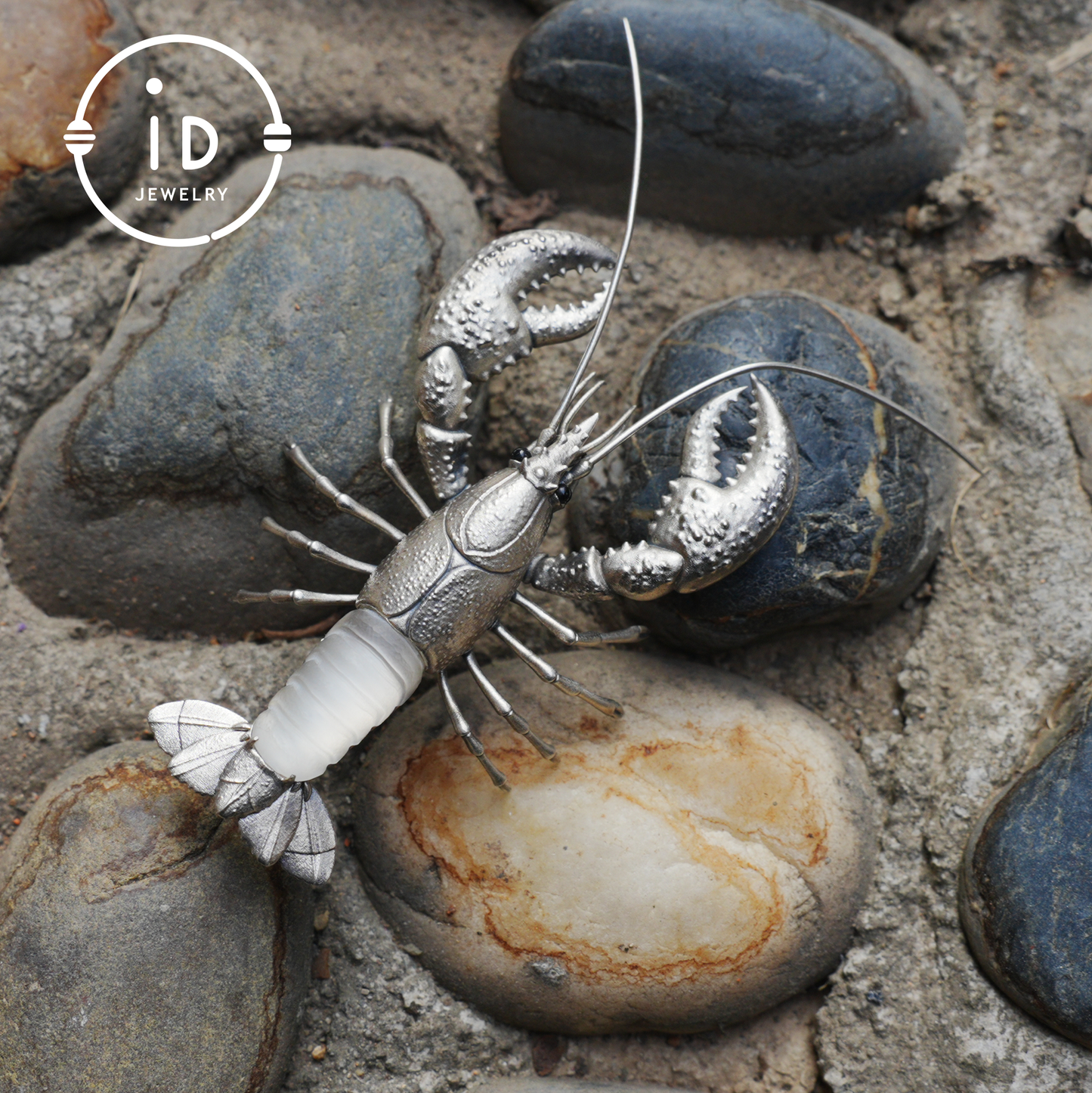 Silver Lobster Pendant with White Quartz, Vintage Totem Necklace in Oxidized 925 Silver, Statement Animal Jewelry Gift for Her or Him