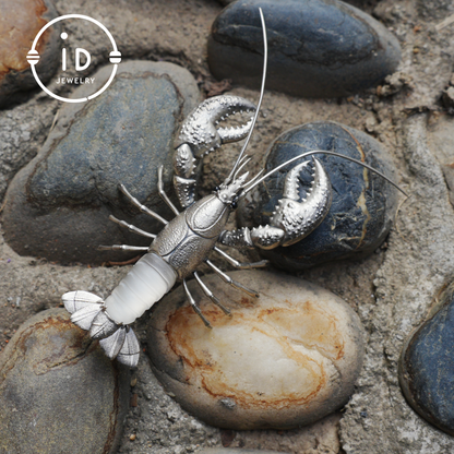 Silver Lobster Pendant with White Quartz, Vintage Totem Necklace in Oxidized 925 Silver, Statement Animal Jewelry Gift for Her or Him