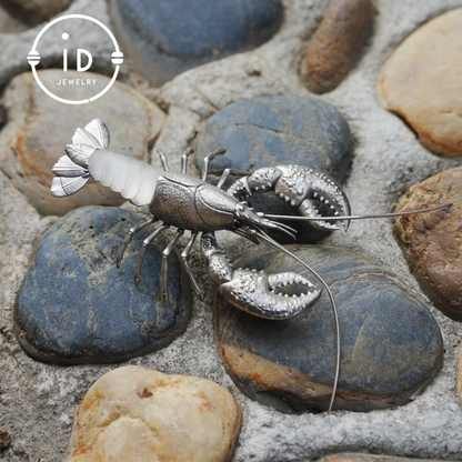 Silver Lobster Pendant with White Quartz, Vintage Totem Necklace in Oxidized 925 Silver, Statement Animal Jewelry Gift for Her or Him