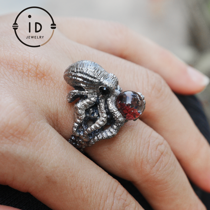 925 Sterling Silver Octopus Design Ring with Phantom Stone – Handcrafted Fantasy Jewelry for Collectors