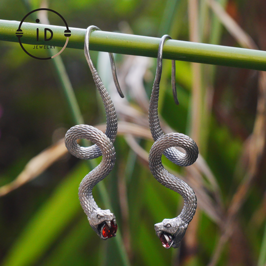 Garnet Earrings Silver Snake Design Gothic Style 925 Sterling Silver Oxidized Hook Handmade Jewelry Gift For Her Birthday Vintage Statement