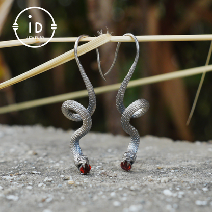 Garnet Earrings Silver Snake Design Gothic Style 925 Sterling Silver Oxidized Hook Handmade Jewelry Gift For Her Birthday Vintage Statement