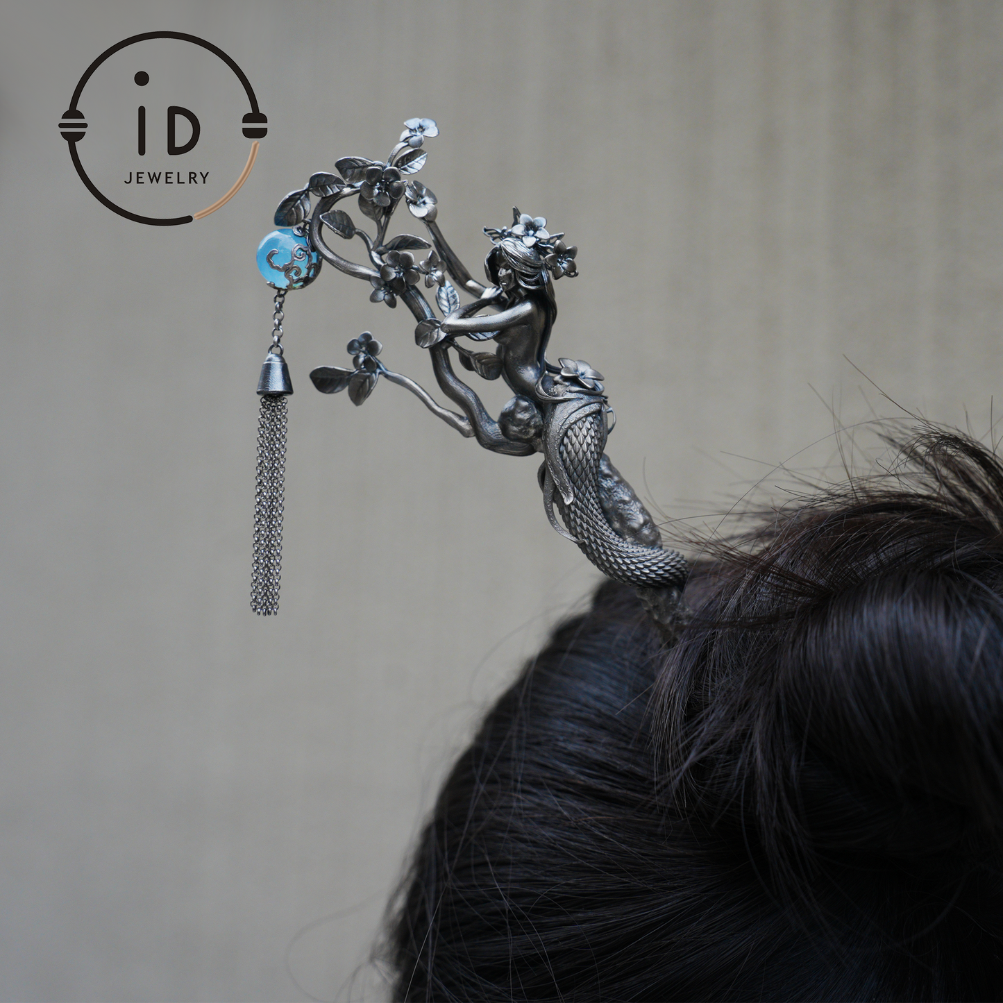 S925 Silver Snake Hair Stick with Blue Gemstone, Oxidized Floral Hairpin Symbolizing Wisdom and Rebirth, Mythical Gift for Her