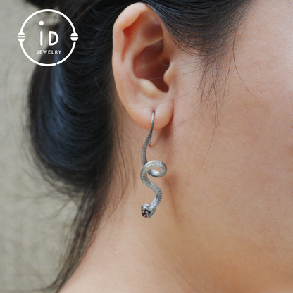 Garnet Earrings Silver Snake Design Gothic Style 925 Sterling Silver Oxidized Hook Handmade Jewelry Gift For Her Birthday Vintage Statement