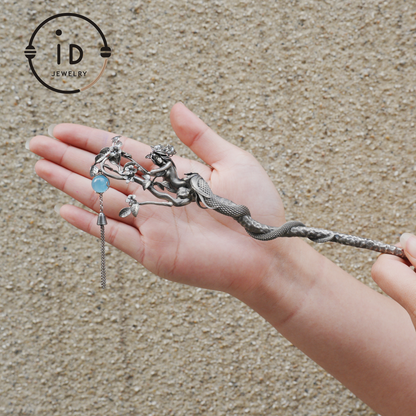 S925 Silver Snake Hair Stick with Blue Gemstone, Oxidized Floral Hairpin Symbolizing Wisdom and Rebirth, Mythical Gift for Her