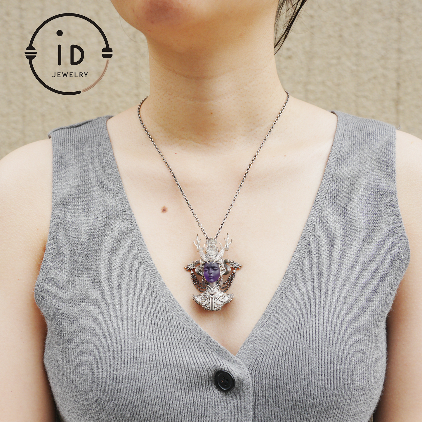 925 Sterling Silver Amethyst Pendant in Symbolic Totem Design, Handmade Gothic Oriental Jewelry, Meaningful Gift Necklace for Her