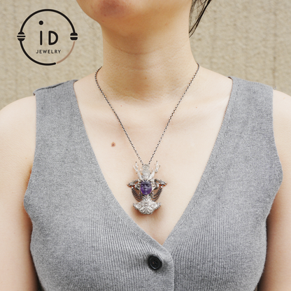 925 Sterling Silver Amethyst Pendant in Symbolic Totem Design, Handmade Gothic Oriental Jewelry, Meaningful Gift Necklace for Her