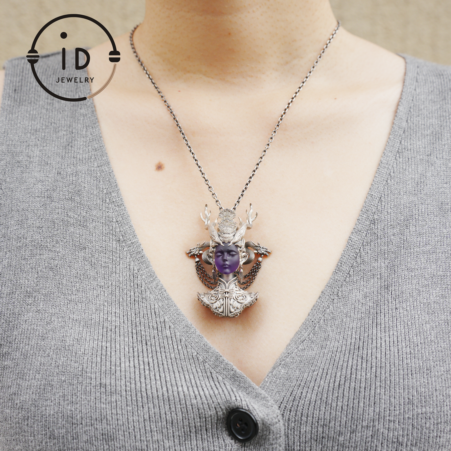 925 Sterling Silver Amethyst Pendant in Symbolic Totem Design, Handmade Gothic Oriental Jewelry, Meaningful Gift Necklace for Her