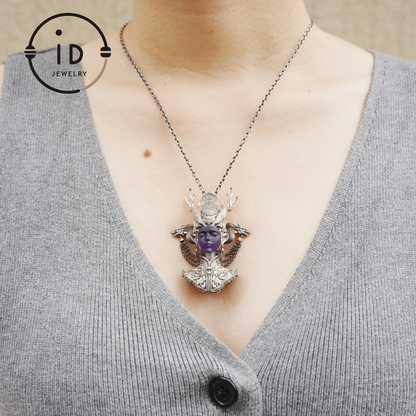 925 Sterling Silver Amethyst Pendant in Symbolic Totem Design, Handmade Gothic Oriental Jewelry, Meaningful Gift Necklace for Her