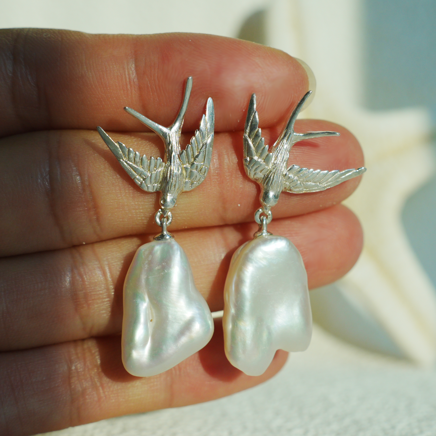 925 Silver Swallow Pearl Earrings | Handmade Bird Studs | Romantic Gift for Her | Symbol of Love & Promise