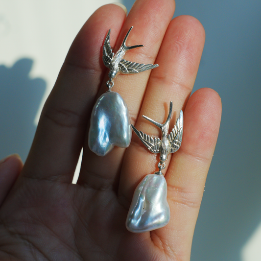 925 Silver Swallow Pearl Earrings | Handmade Bird Studs | Romantic Gift for Her | Symbol of Love & Promise