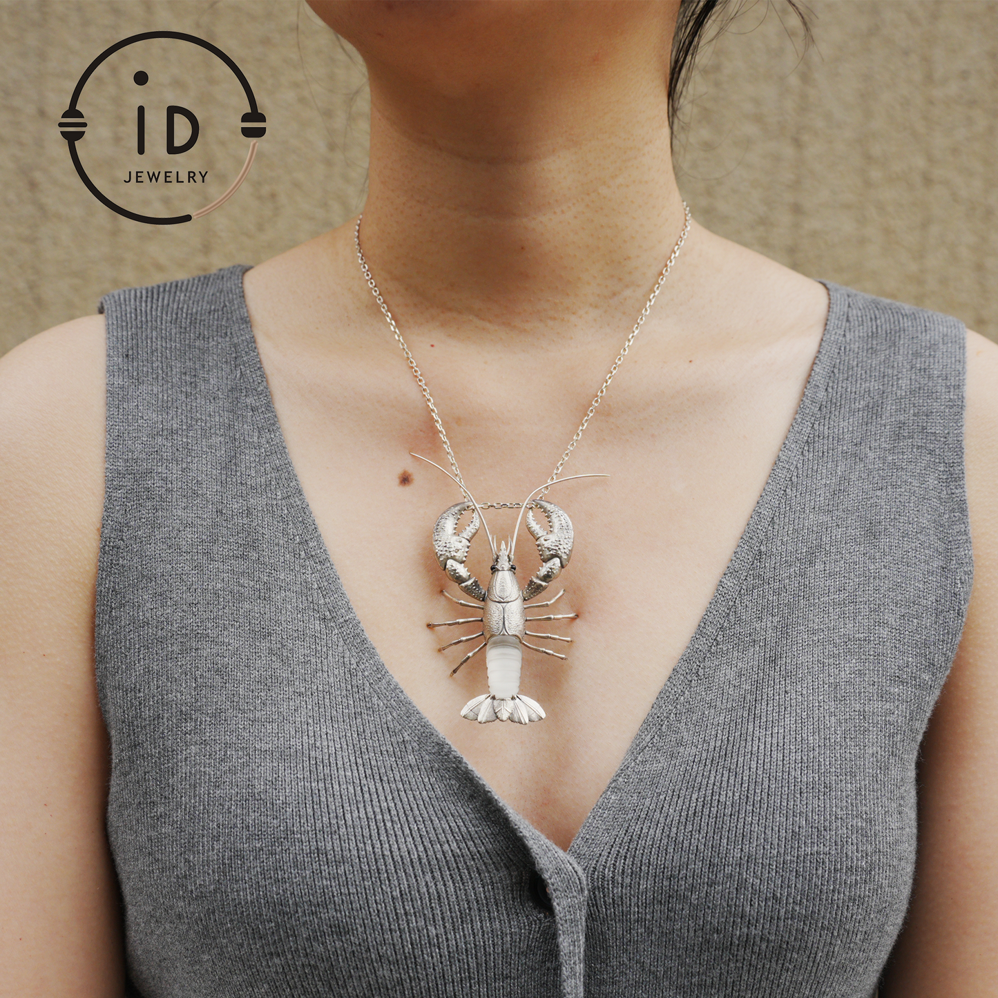 Silver Lobster Pendant with White Quartz, Vintage Totem Necklace in Oxidized 925 Silver, Statement Animal Jewelry Gift for Her or Him