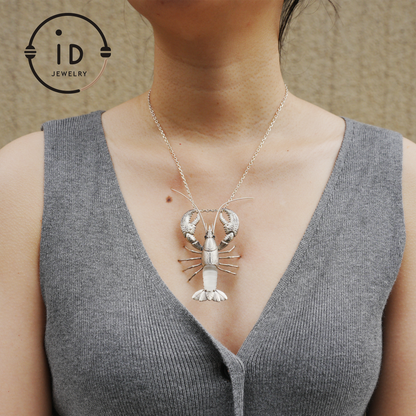Silver Lobster Pendant with White Quartz, Vintage Totem Necklace in Oxidized 925 Silver, Statement Animal Jewelry Gift for Her or Him
