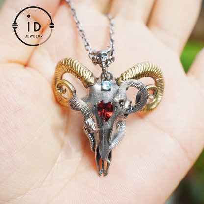Gothic Ram Skull Pendant Necklace | 925 Silver & Copper Handmade Jewelry with Garnet and Topaz | Symbolic Talisman for Transformation & Strength
