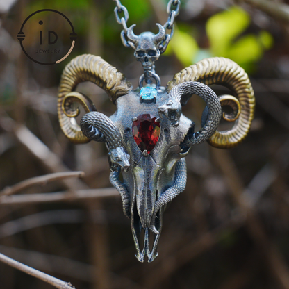 Gothic Ram Skull Pendant Necklace | 925 Silver & Copper Handmade Jewelry with Garnet and Topaz | Symbolic Talisman for Transformation & Strength