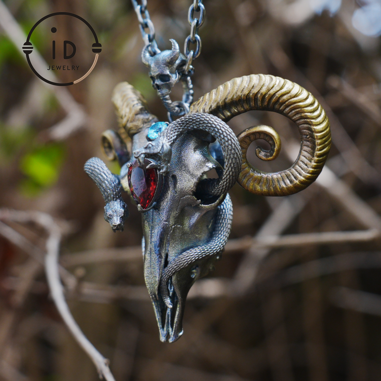 Gothic Ram Skull Pendant Necklace | 925 Silver & Copper Handmade Jewelry with Garnet and Topaz | Symbolic Talisman for Transformation & Strength