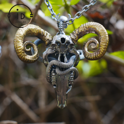 Gothic Ram Skull Pendant Necklace | 925 Silver & Copper Handmade Jewelry with Garnet and Topaz | Symbolic Talisman for Transformation & Strength