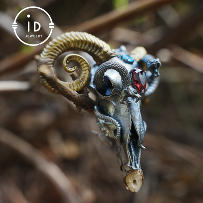 Gothic Ram Skull Pendant Necklace | 925 Silver & Copper Handmade Jewelry with Garnet and Topaz | Symbolic Talisman for Transformation & Strength