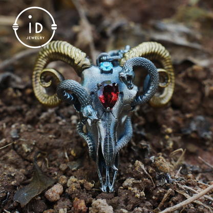 Gothic Ram Skull Pendant Necklace | 925 Silver & Copper Handmade Jewelry with Garnet and Topaz | Symbolic Talisman for Transformation & Strength