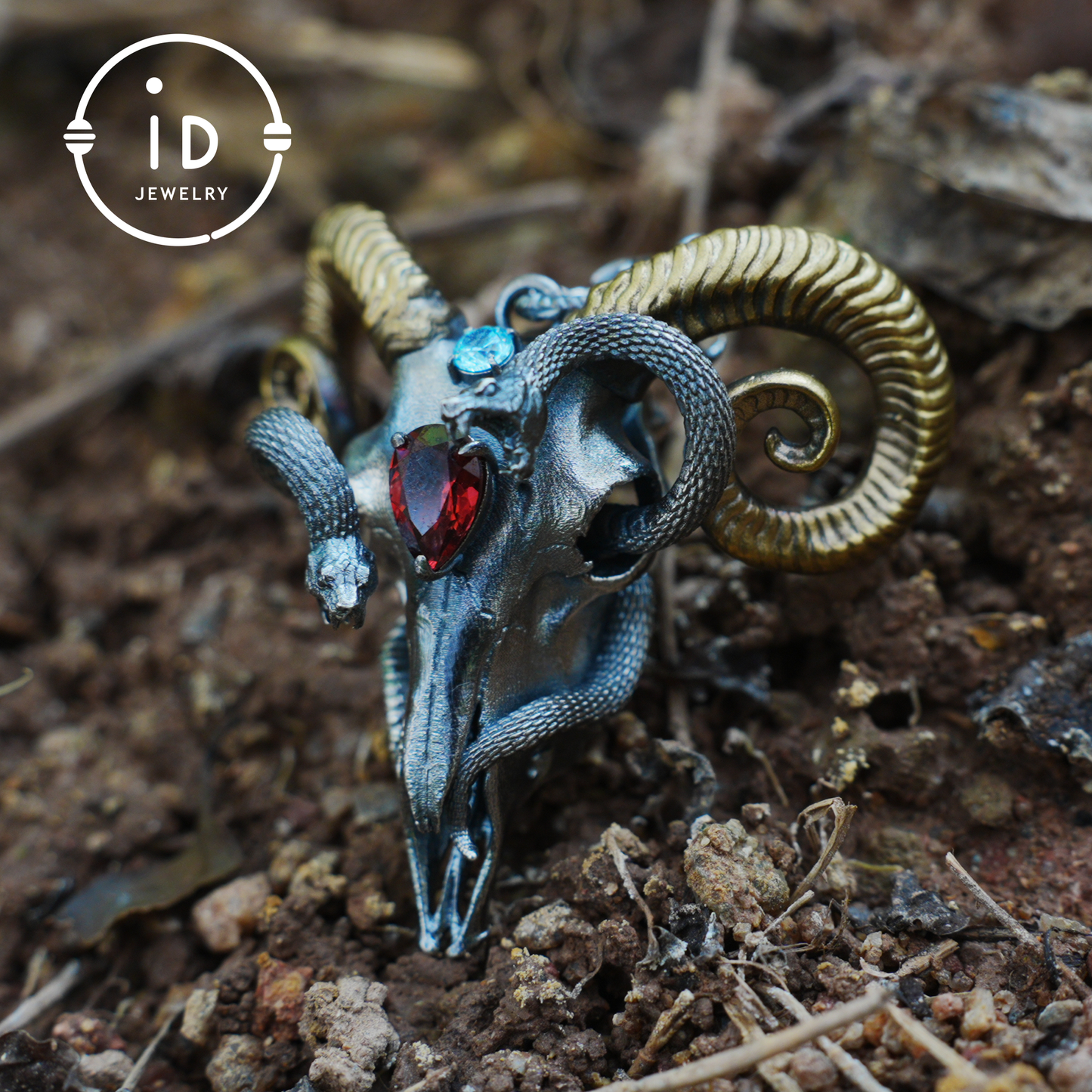 Gothic Ram Skull Pendant Necklace | 925 Silver & Copper Handmade Jewelry with Garnet and Topaz | Symbolic Talisman for Transformation & Strength