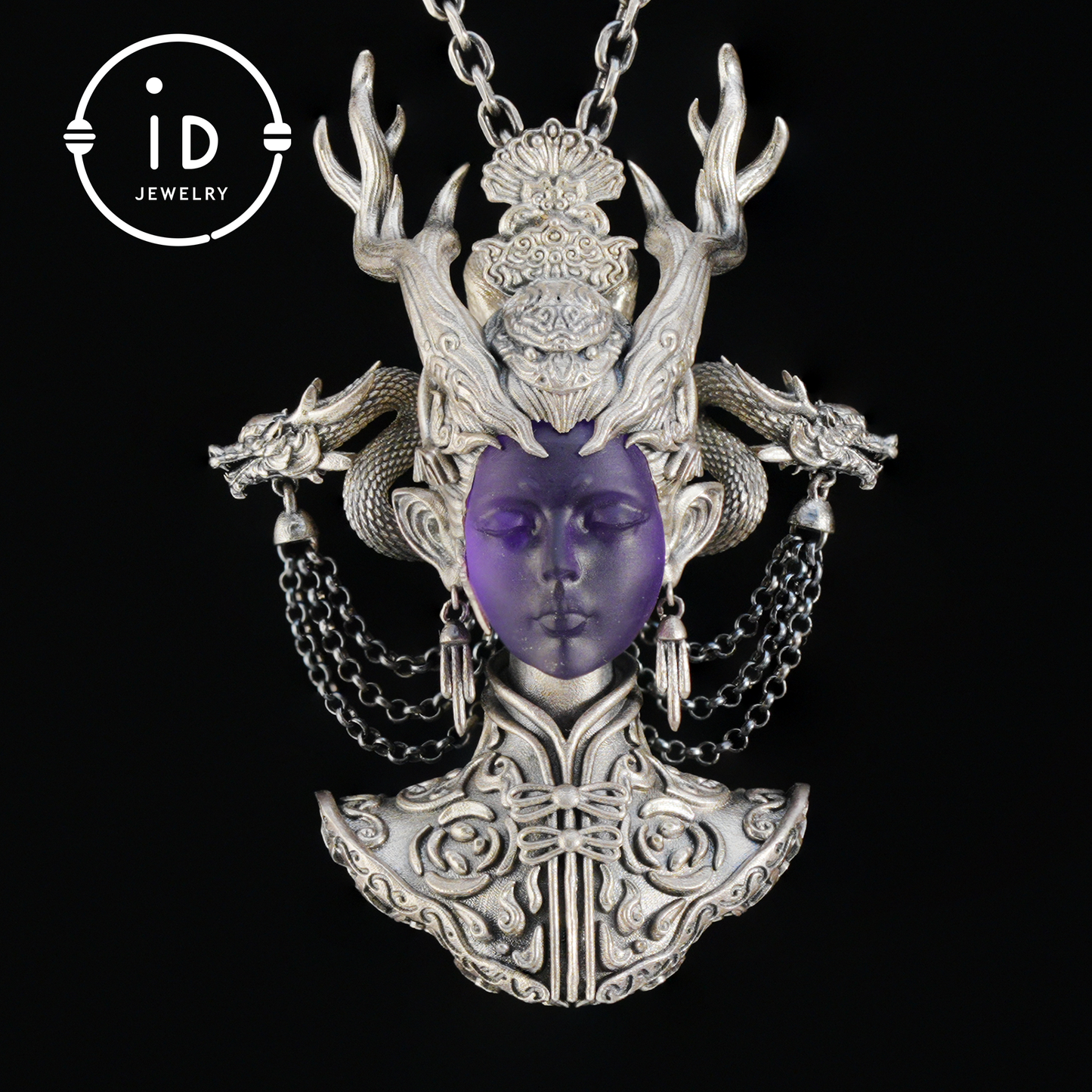 925 Sterling Silver Amethyst Pendant in Symbolic Totem Design, Handmade Gothic Oriental Jewelry, Meaningful Gift Necklace for Her