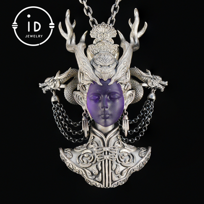 925 Sterling Silver Amethyst Pendant in Symbolic Totem Design, Handmade Gothic Oriental Jewelry, Meaningful Gift Necklace for Her