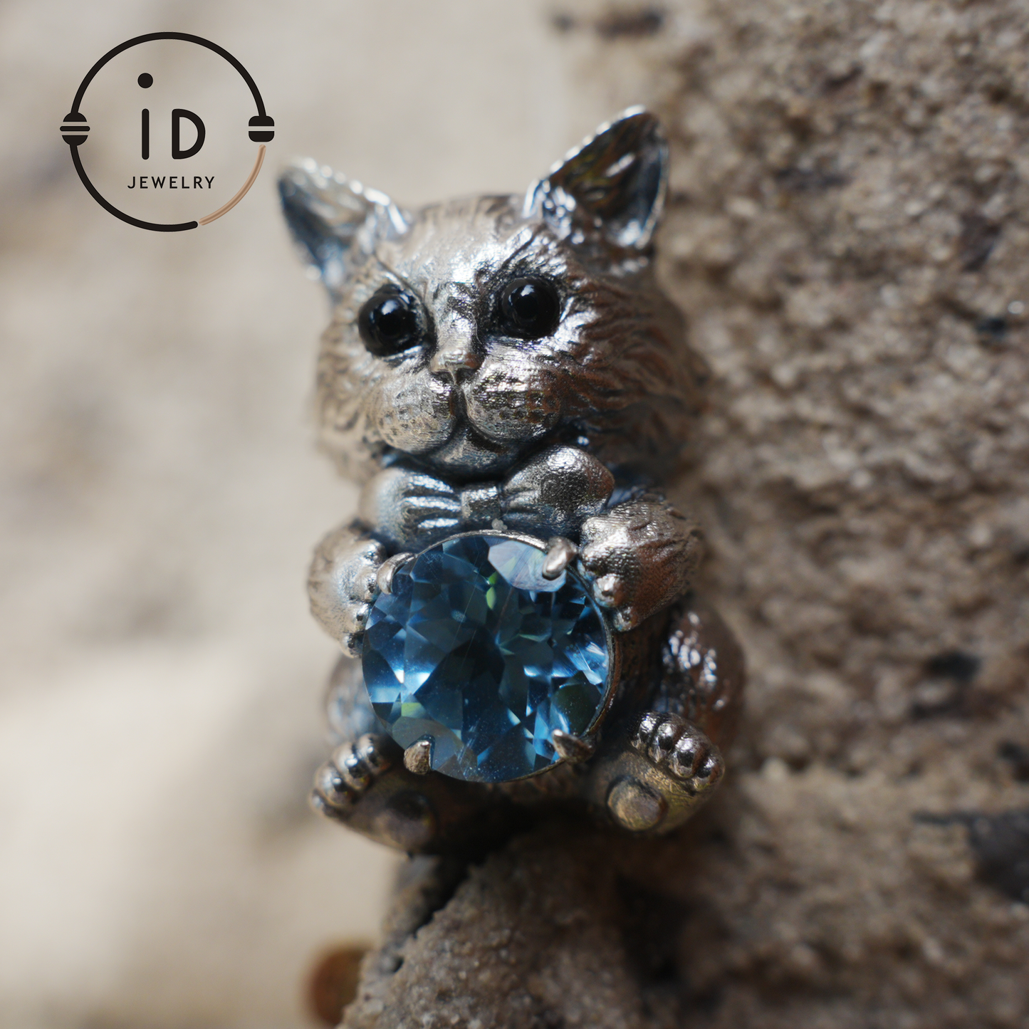 Playful Cat Pendant Necklace | 925 Sterling Silver with Blue Topaz & Agate | Handmade Animal Jewelry Gift for Cat Lovers