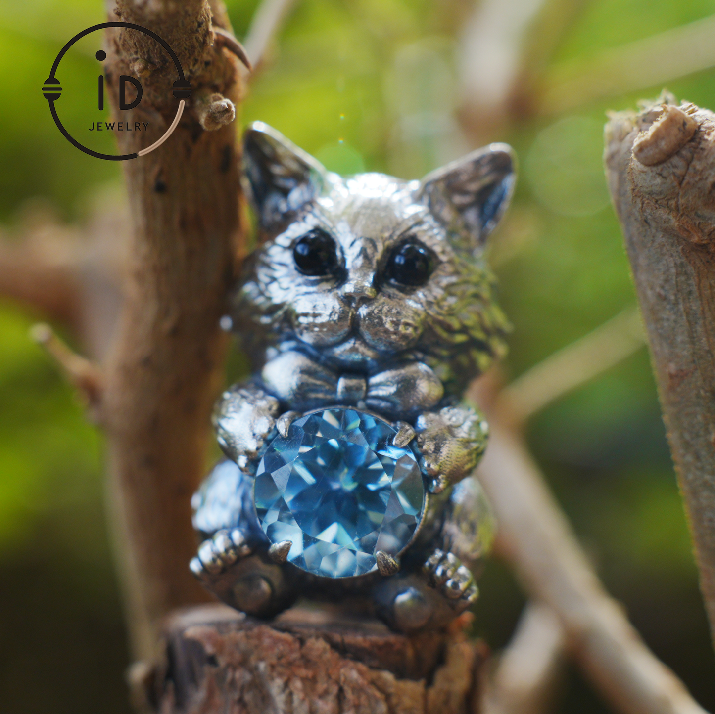 Playful Cat Pendant Necklace | 925 Sterling Silver with Blue Topaz & Agate | Handmade Animal Jewelry Gift for Cat Lovers