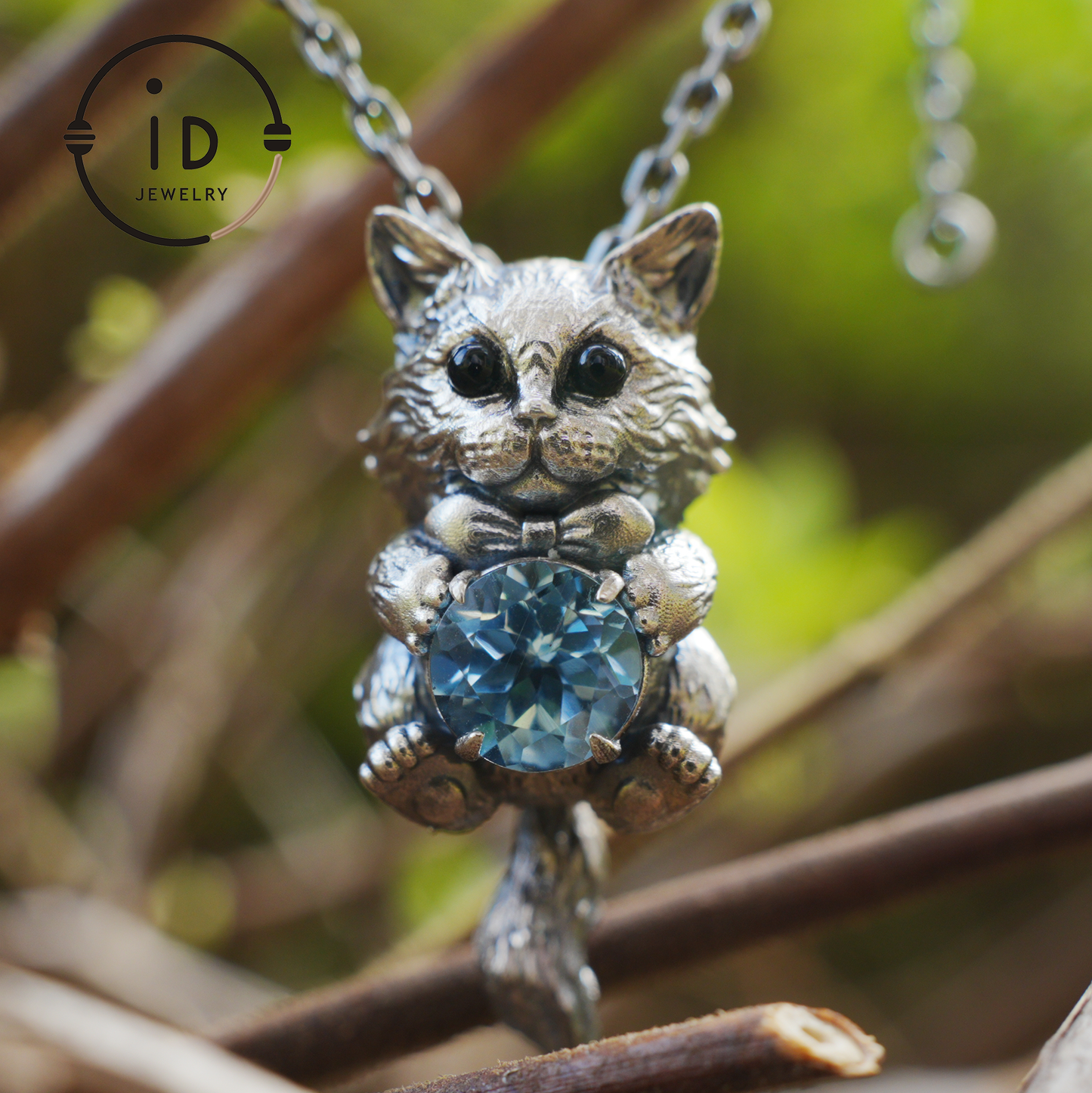 Playful Cat Pendant Necklace | 925 Sterling Silver with Blue Topaz & Agate | Handmade Animal Jewelry Gift for Cat Lovers