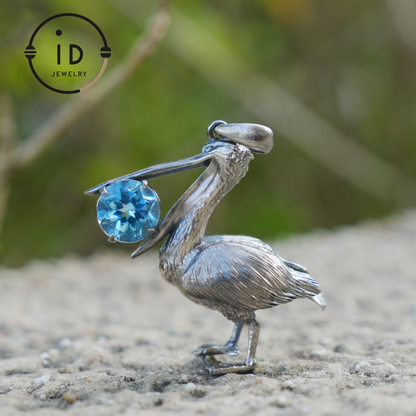 Pelican Pendant Necklace | 925 Sterling Silver with Blue Topaz | Handmade Animal Jewelry Gift for Nature Lovers