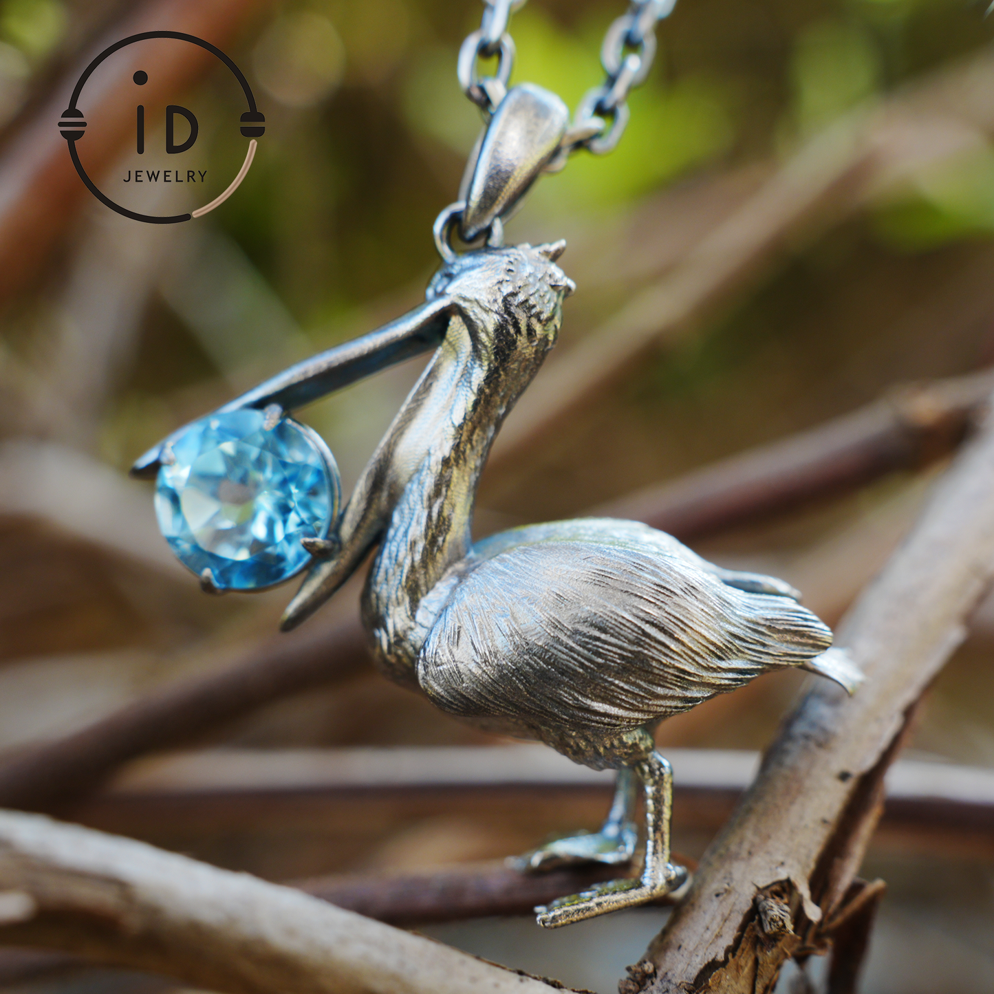 Pelican Pendant Necklace | 925 Sterling Silver with Blue Topaz | Handmade Animal Jewelry Gift for Nature Lovers