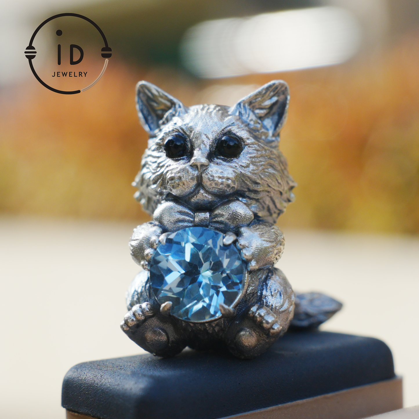 Playful Cat Pendant Necklace | 925 Sterling Silver with Blue Topaz & Agate | Handmade Animal Jewelry Gift for Cat Lovers